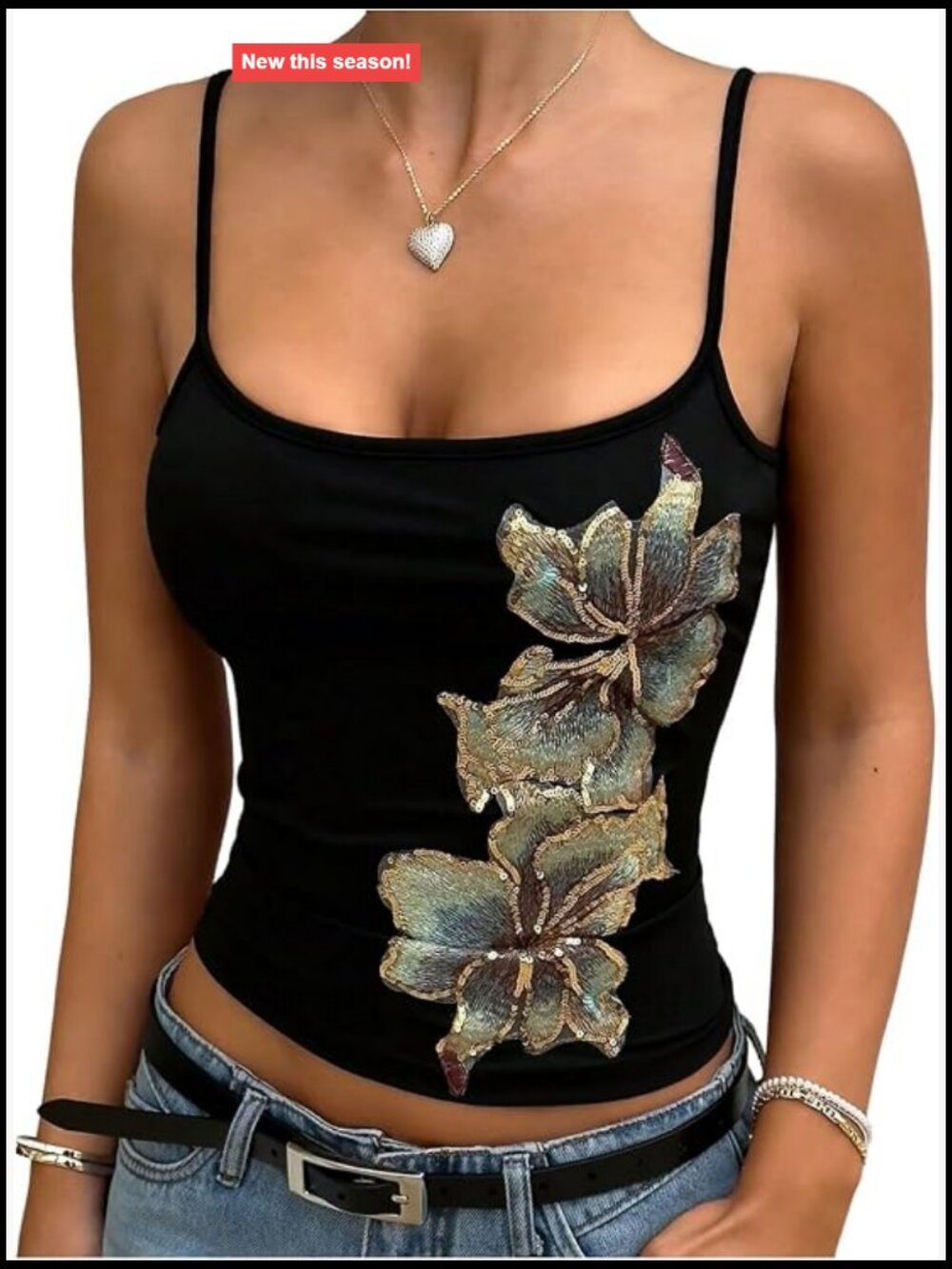 Y2K Floral Sequin Crop Camisole Sleeveless Tank Top Spaghetti Strap Backless